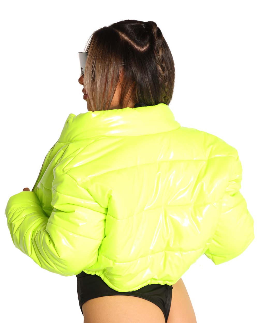 iHeartRaves Reflective Cropped Puffer Jacket Neon Yellow - S for Halloween Rave Costumes, Rave Outfits, Music Festival Clothes
