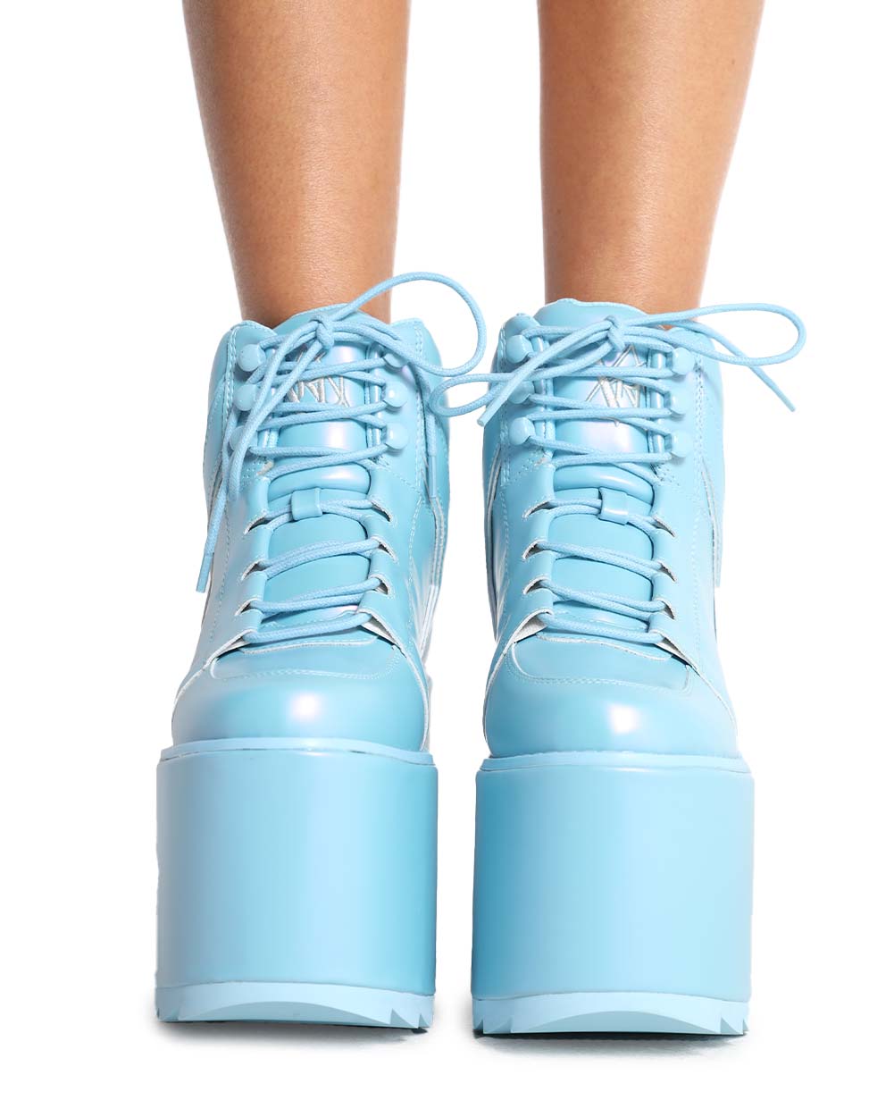 Yru Qozmo Baby Blue Iridescent Platform Boots - Baby Blue | iHeartRaves EDC Rave Outfits, EDM Music Festival Clothes for Halloween Rave Costumes