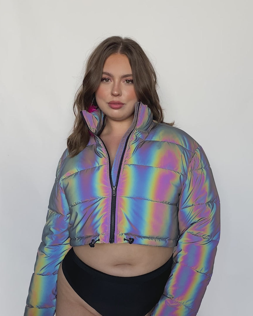 Rainbow Slay Reflective Cropped Puffer Jacket-Curve1-Rainbow-allskus